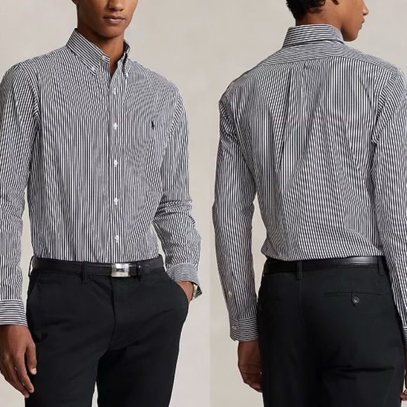 POLO RALPH LAUREN Classic Fit Striped Stretch Poplin Shirt Black Grey White Sm - Picture 1 of 11